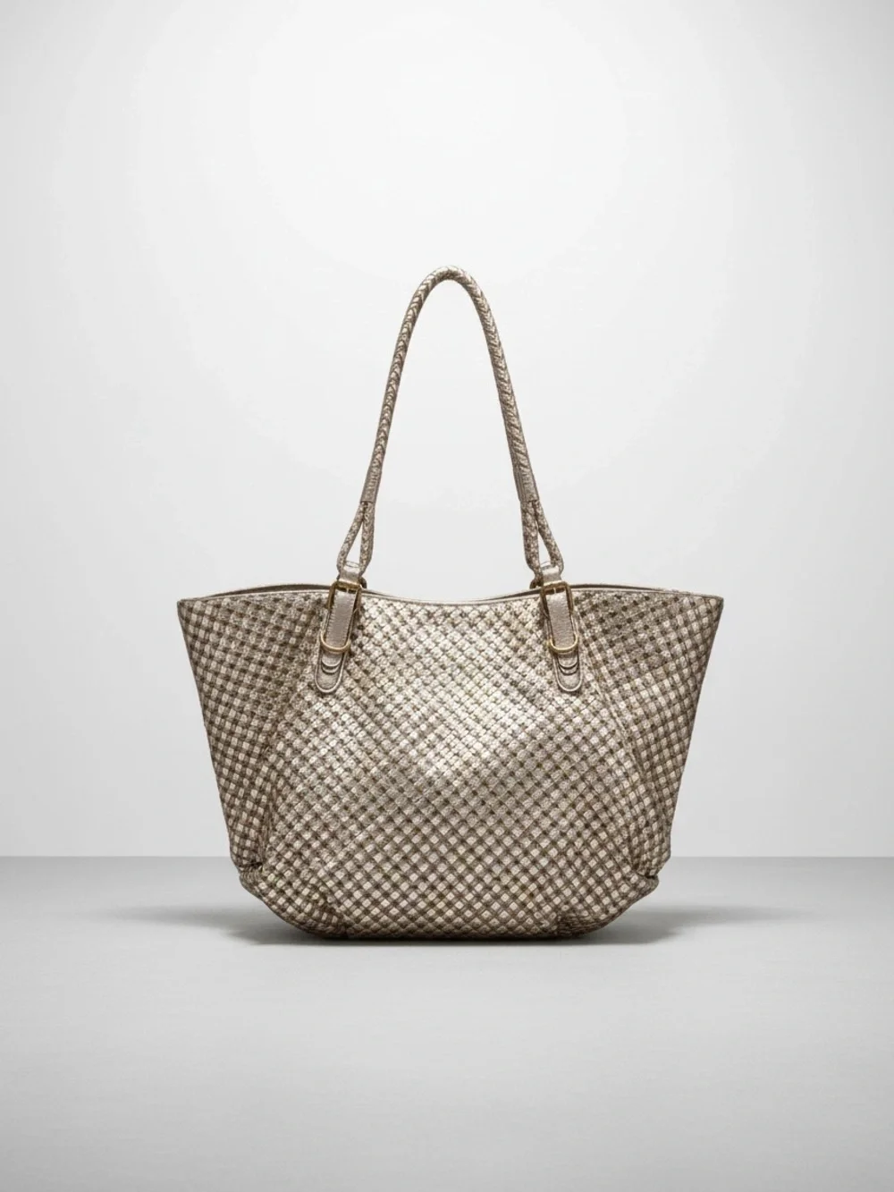 Elliott Lucca Metallic Woven Leather Large Tote Shoulder Bag Bronze Gold
